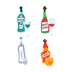 Blue martini red wine vodka whiskey bottle and wineglass on white background. Cartoon sketch graphic design. Doodle style. Hand drawn image. Party drinks concept. Freehand drawing style