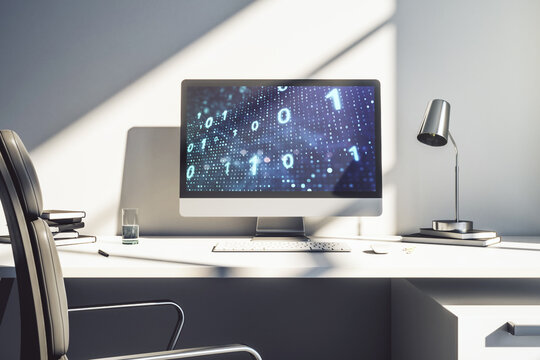 Modern computer monitor with creative abstract binary code hologram. Database and programming concept. 3D Rendering