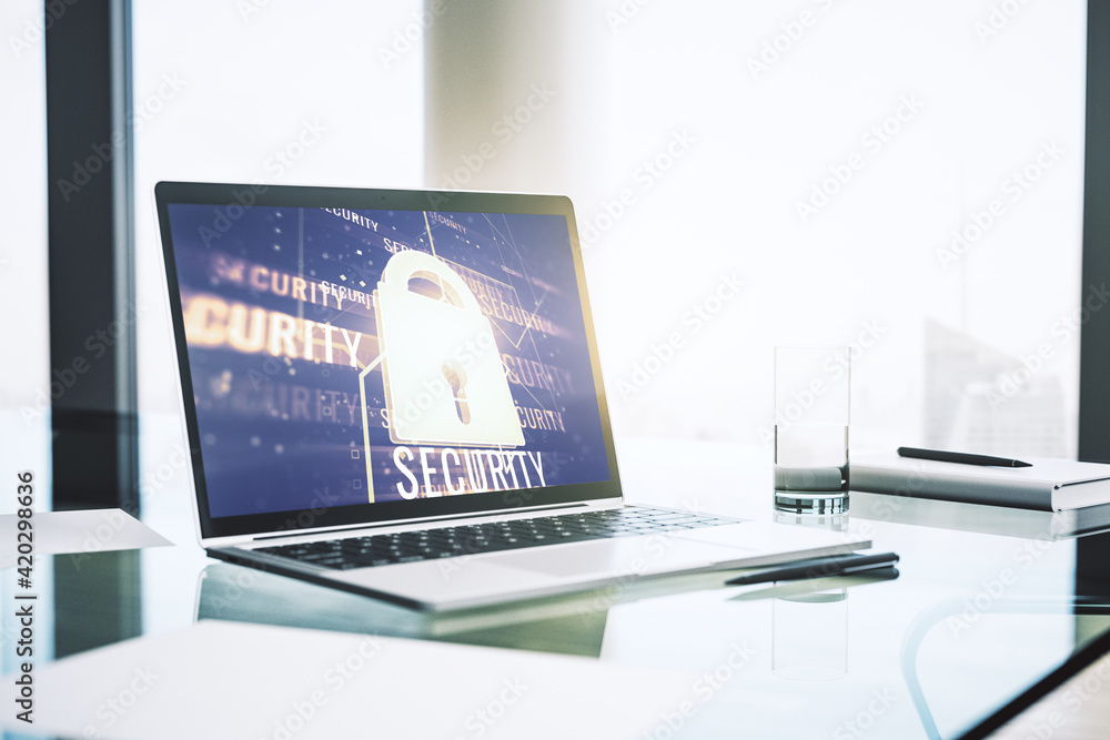 Aufkleber Creative lock sketch with chip hologram on modern computer monitor, protection of personal data concept. 3D Rendering