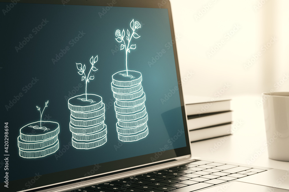 Poster creative abstract cash savings sketch on modern computer monitor, success and solution concept. 3d r