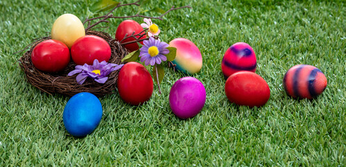 Happy Easter. Colorful eggs in a nest on green grass, close up view