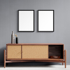 
Elegant living room interior with poster frame, wooden counter, ceramic vase and stylish personal accessories. Minimalist home decor concept. Model.