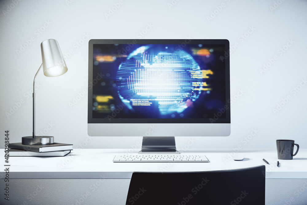 Leinwandbilder modern computer monitor with abstract programming language with world map, research and development 