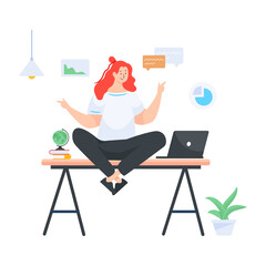 Fototapeta premium Female having office yoga in flat illustration