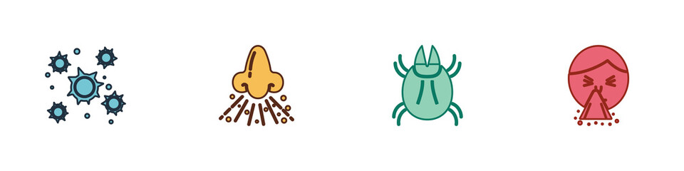 Set Bacteria, Runny nose, Parasite mite and Handkerchief to his runny icon. Vector