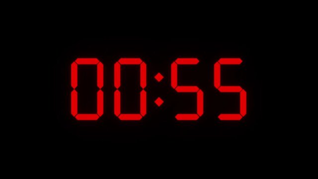 Countdown from 1 minute to zero, red numbers on a black background