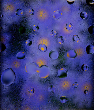 finestra con gocce di pioggia e fiori blue gialli  sfuocati