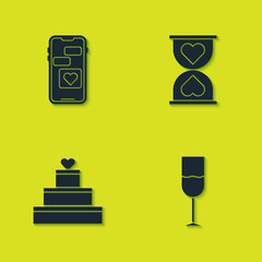 Set Mobile with heart, Wine glass, Wedding cake and Heart the center hourglass icon. Vector