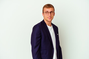 Young business caucasian man isolated on white background