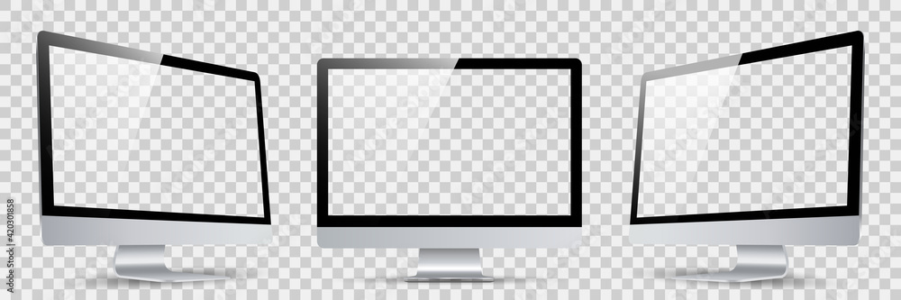 Poster Three black monitor with transparent display in turn, realistic set device screen mockup with shadow - vector