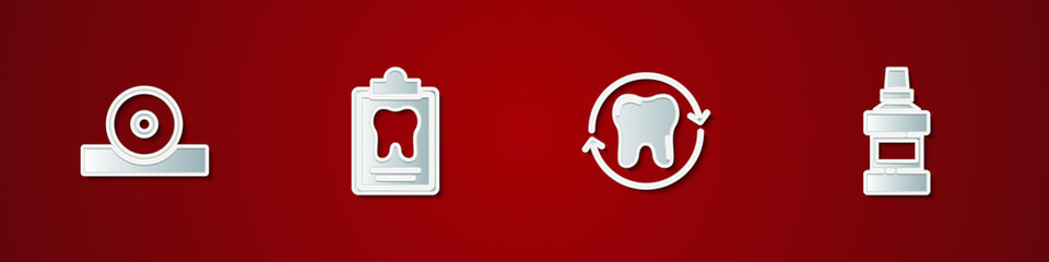 Set Otolaryngological head reflector, Dental card, Tooth whitening and Mouthwash bottle icon. Vector