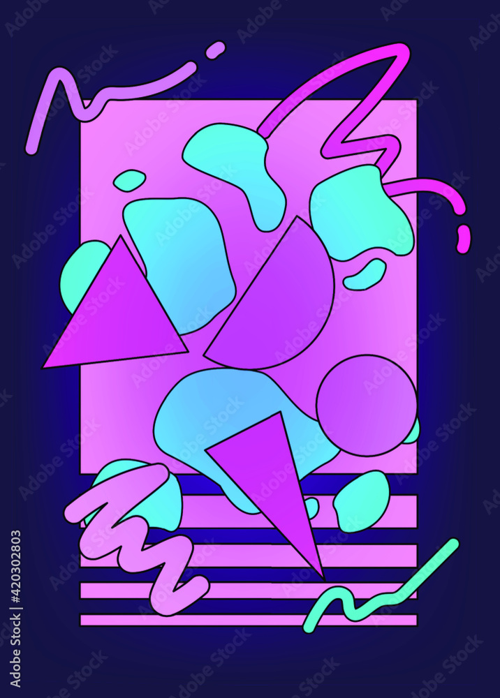 Poster neo-memphis abstract background with geometric shapes.
