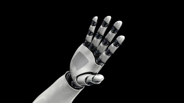Artificial intelligence. The robot arm makes different movements. The camera slowly zooms out. On a black background. 4K. 3D animation.