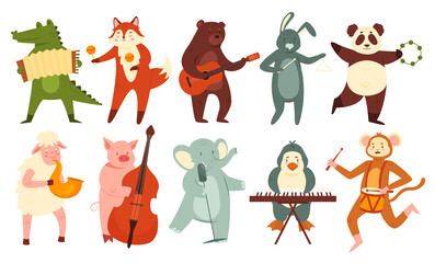 Animals play music vector illustration set. Cartoon cute animalistic orchestra, band of domestic or wild animal musician characters playing different musical instruments collection isolated on white © Flash Vector
