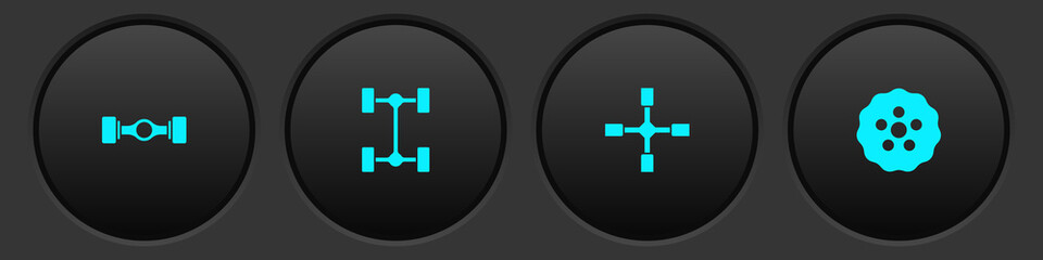 Set Chassis car, , Wheel wrench and Gear icon. Vector