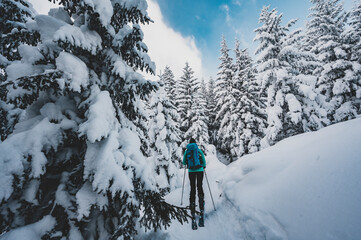 Mountaineer backcountry ski walking ski alpinist in the mountains. Ski touring in alpine landscape...