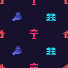 Set House, Skyscraper, Hanging sign with Sale and shield on seamless pattern. Vector