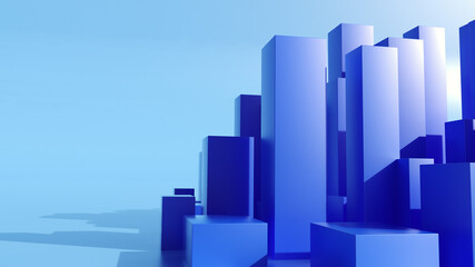 Blue 3d render prisms abstract background. Square tridimensional prisms group as simple minimal skyscrappers building in a geometric minimalist city. Background full of 3d cubes rising and growing.