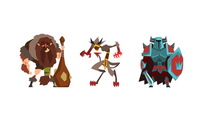 Fantastic Magical Creature Characters Set, Caveman with Cudgel, Powerful Knight Cartoon Vector Illustration
