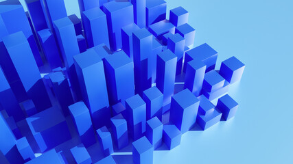 Fototapeta na wymiar Blue 3d render prisms abstract background. Square tridimensional prisms group as simple minimal skyscrappers building in a geometric minimalist city. Background full of 3d cubes rising and growing.