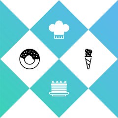 Set Donut, Cake, Chef hat and Ice cream in waffle cone icon. Vector