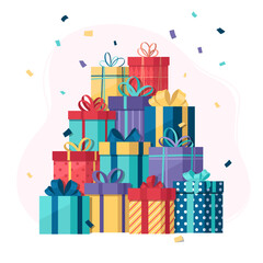 Pile of gifts with confetti, vector illustration