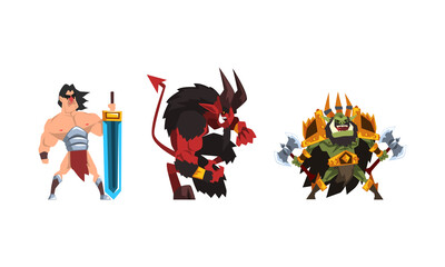 Warlike Fantastic Magical Creature Characters Set Cartoon Vector Illustration