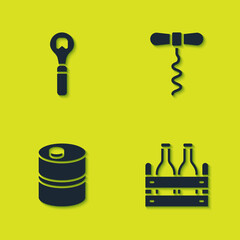 Set Bottle opener, Pack of beer bottles, Metal keg and Wine corkscrew icon. Vector