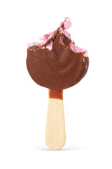 Brown bitten chocolate coated popsicle ice cream isolated.