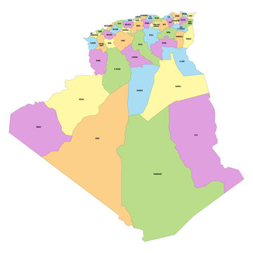 Carte d'Alg&eacute;rie avec division par r&eacute;gions ou provinces