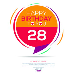 Creative Happy Birthday to you text (28 years) Colorful decorative banner design ,Vector illustration.