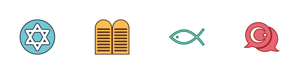 Set Star of David, The commandments, Christian fish and crescent icon. Vector