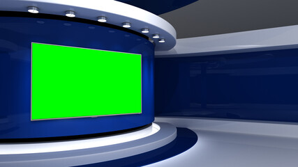 TV studio. Blue background . News studio.  Background for any green screen or chroma key video production. 3d render. 3d