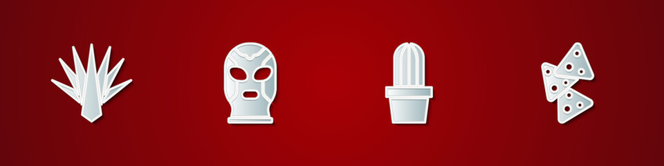 Set Agave, Mexican wrestler, Cactus or succulent in pot and Nachos icon. Vector