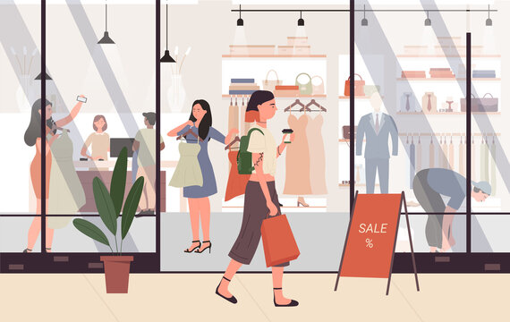 Female fashion sales at shopping mall vector illustration. Cartoon young woman shopper character walking next to shop store or boutique entrance where girl try on fashionable clothes background