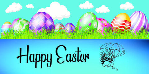 Happy Easter poster with realistic eggs and cute bunny with colorful background - vector