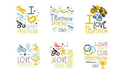 Triathlon Sport Logo Design Set, Marathon, Competition, Tournament Emblems Cartoon Hand Drawn Vector Illustration