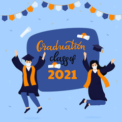Graduation party. Class of 2021. Graduates in protective medical masks celebrate during coronavirus quarantine. Greeting banner.