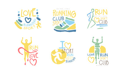 I Love Run Logo Design Set, Sport Club, Fitness Studio, Tournament, Marathons Emblems Hand Drawn Vector Illustration