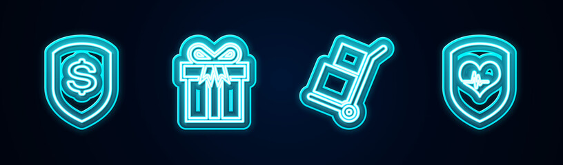 Set line Shield and dollar, Gift box, Hand truck boxes and heart rate. Glowing neon icon. Vector