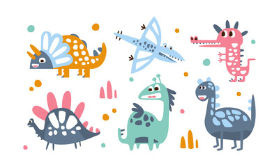 Cute Baby Dinosaurs Set, Adorable Colorful Dino Characters Cartoon Vector Illustration