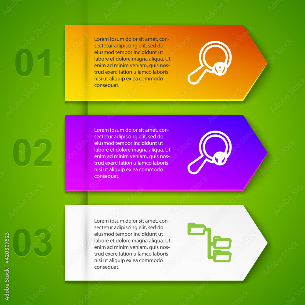 Poster set line search location, unknown search, folder tree and loading. business infographic template. ve