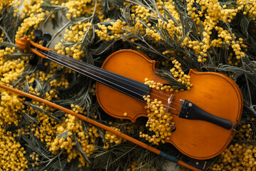 Mimosa and violin. Spring melody. Background.
