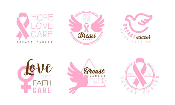 Breast Cancer Fund Logo Templates Design Set, Awareness Month Emblems, Hope, Love, Care Motivational Phrase Cartoon Vector Illustration