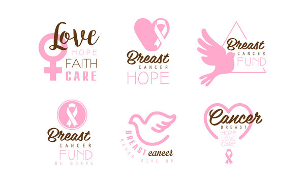 Breast Cancer Logo Templates Design, Hope, Faith, Care Pink Emblems Cartoon Vector Illustration