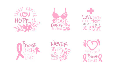 Breast Cancer Be Strong Logo Templates Design Set, Never Give Up Pink Emblems Cartoon Vector Illustration