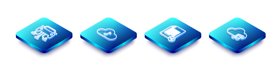 Set Isometric line Car sharing, Music streaming service, Share file and icon. Vector