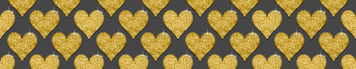 Panorama of gold textured hearts on dark gray background.