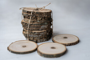natural ash tree raw log slice coasters with bark  - 420308226