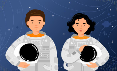 Two astronauts are standing on starry sky background. Man and woman cosmonauts portrait. 